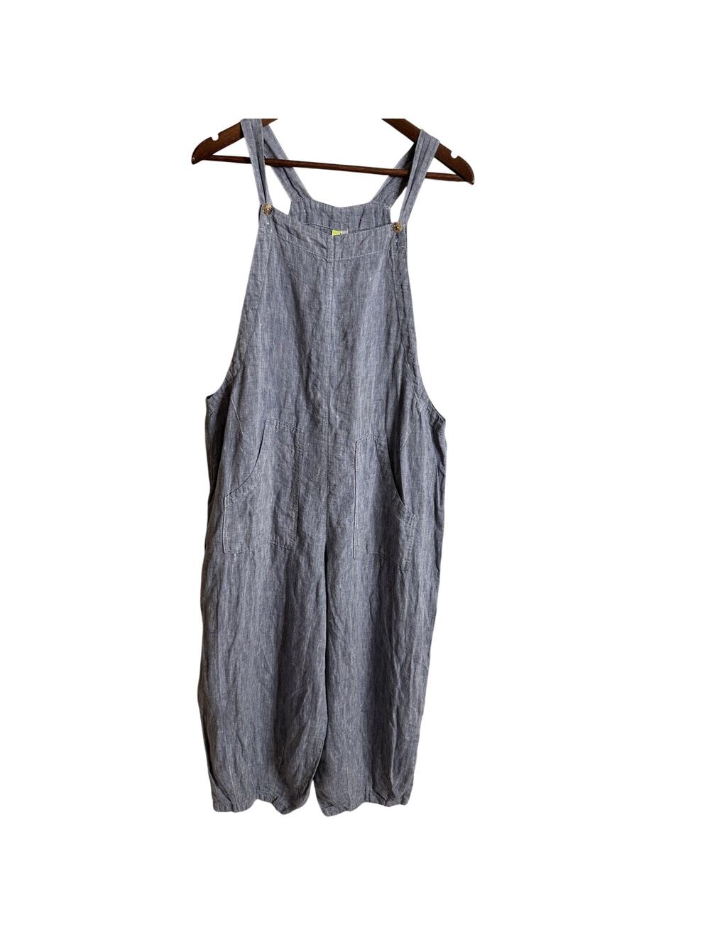 Citron Bleu 100% Linen Overall Jumpsuit Barrel Leg Pockets Womans M Lagenlook